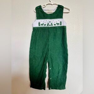 Green Smocked Nativity Corduroy Overalls for Kids